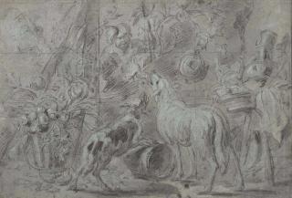 Jan Fyt - A man feeding two dogs in a interior, flanked with a basket of fruit and a flagon on a table