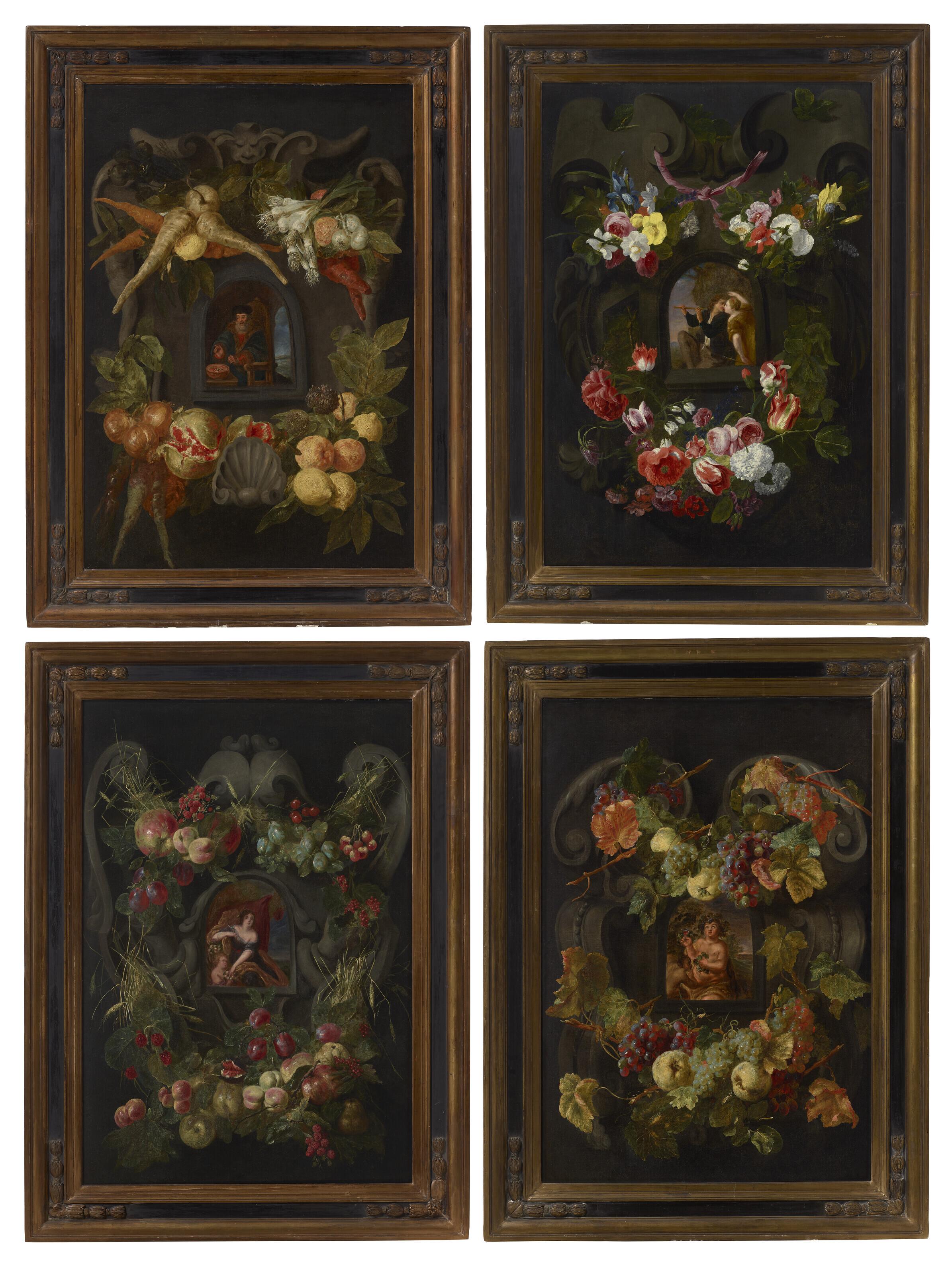 Jan Fyt - Allegories of the Four Seasons surrounded by garlands of seasonal flowers and fruits