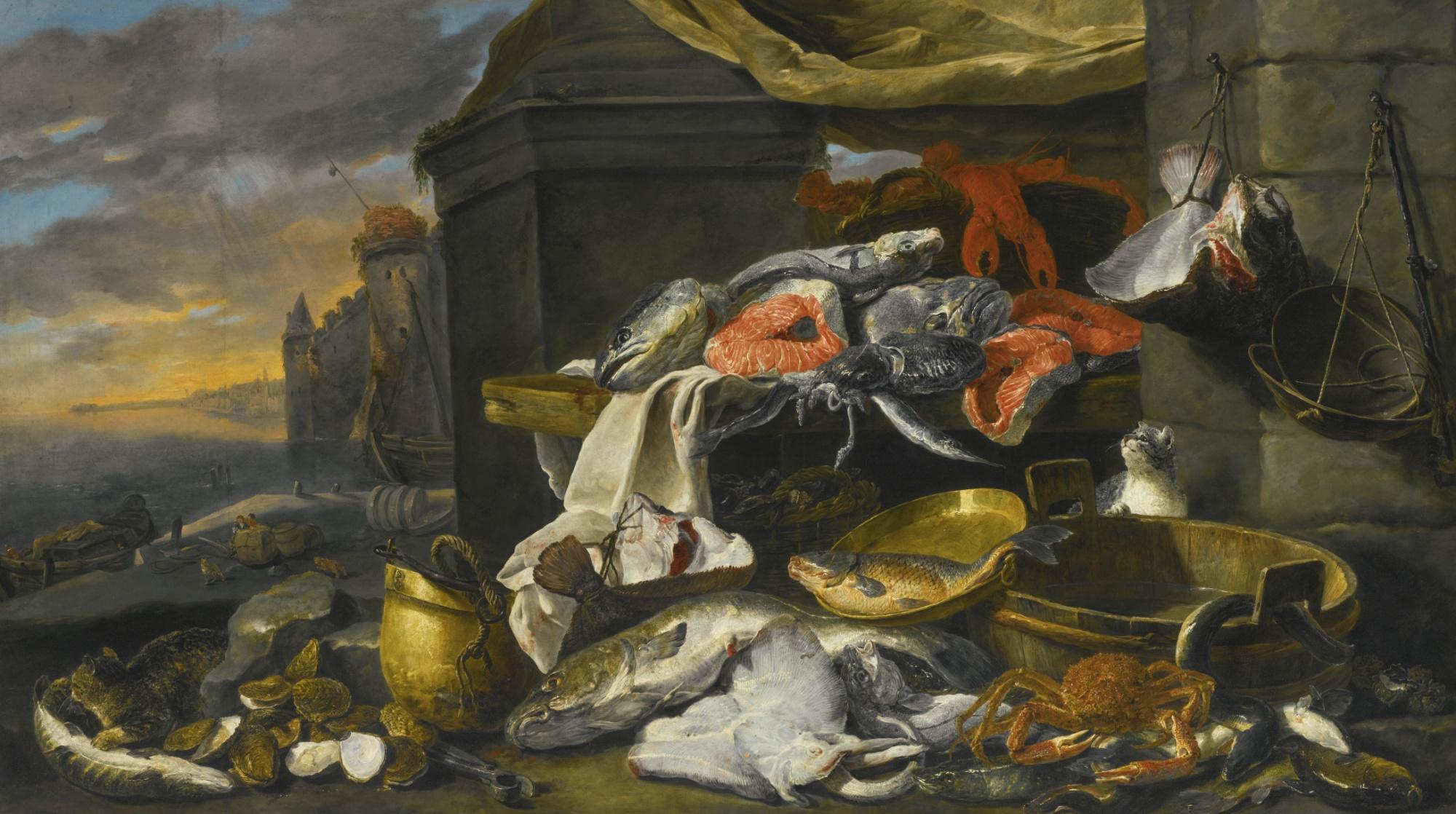 Jan Fyt - Fish, Oysters, A Crab And A Lobster With Cats, A Tub, A Copper Dish And Bucket And Baskets At The Foot Of A Draped Column, A Quay And A Castle By The Sea Beyond