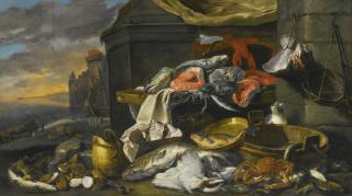 Jan Fyt - Fish, Oysters, A Crab And A Lobster With Cats, A Tub, A Copper Dish And Bucket And Baskets At The Foot Of A Draped Column, A Quay And A Castle By The Sea Beyond