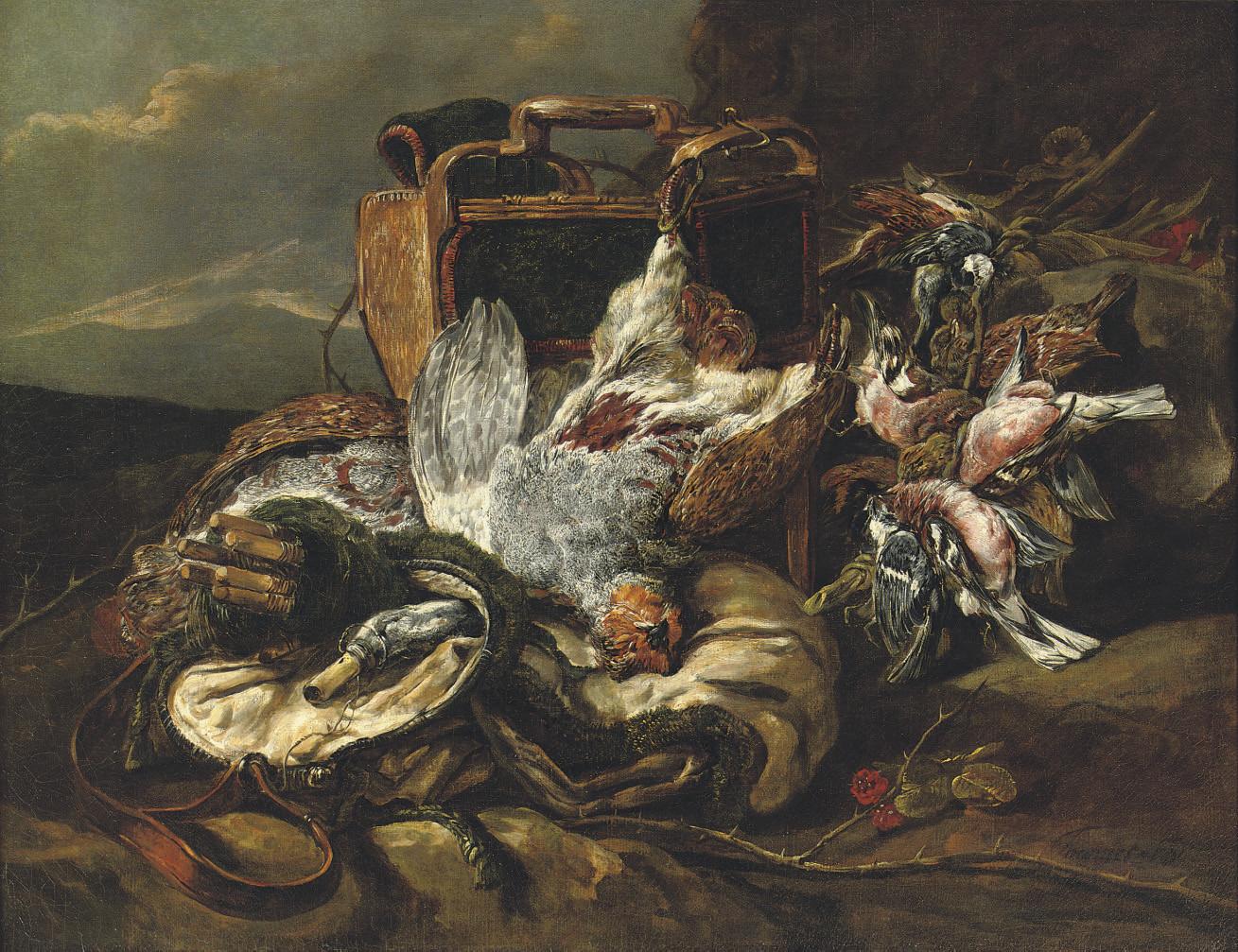 Jan Fyt - Game with hunting equipment in a rocky landscape