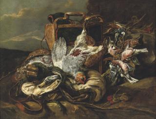 Jan Fyt - Game with hunting equipment in a rocky landscape