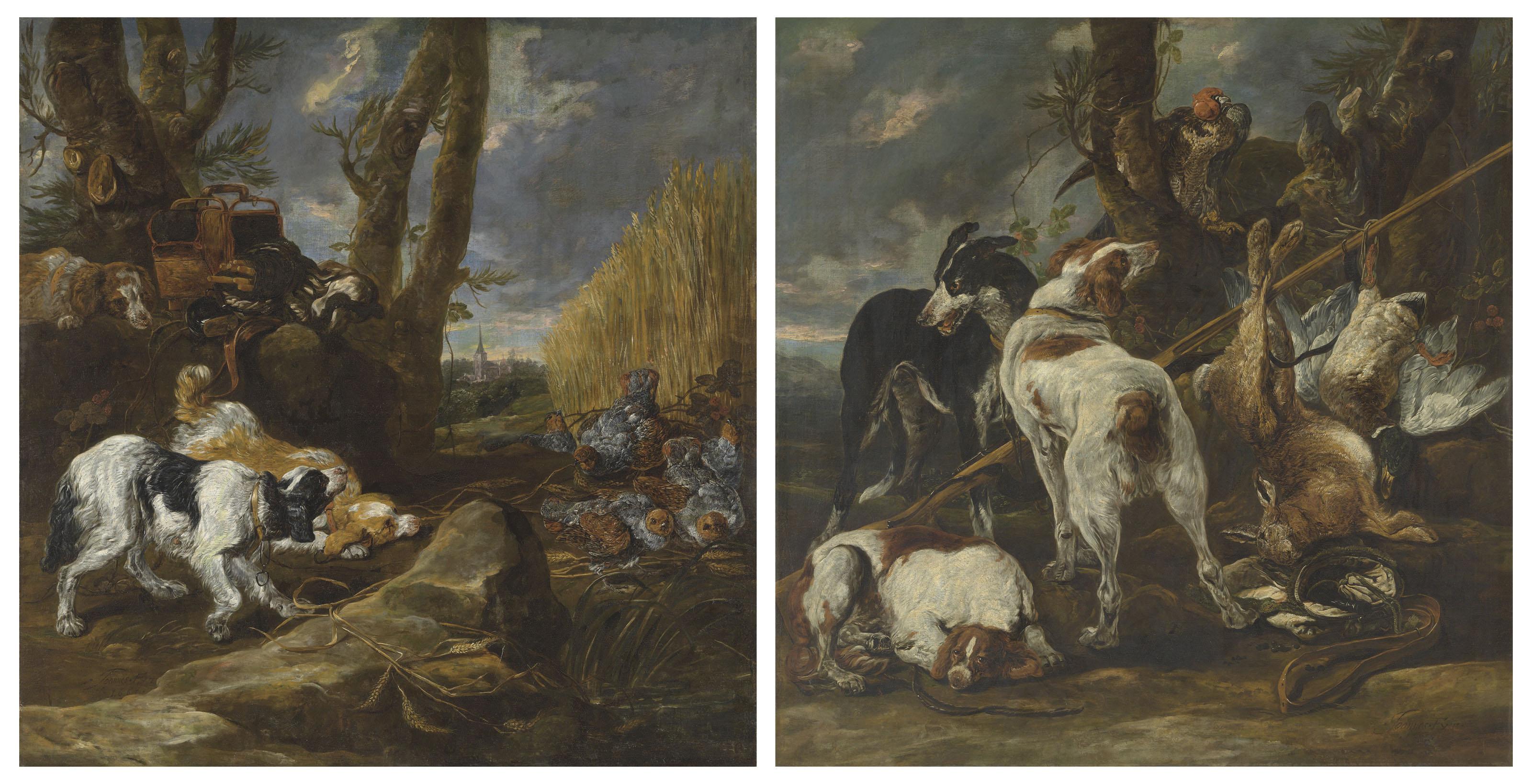 Jan Fyt - Hounds with French partridges at bay; and Hounds and a hooded falcon with dead game