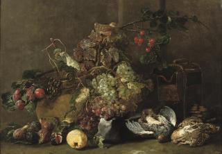 Jan Fyt - Mixed grapes, cherries and plums by a cauldron with figs, an apple, a partridge and four quails nearby