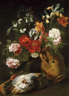Jan Fyt - Roses, Iris, Poppies, Lilies And Other Flowers In A Tipped Earthenware Vase With A Partridge And Hourglass, On A Bank