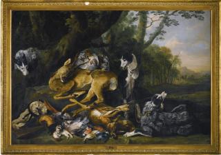Jan Fyt - The Spoils Of The Chase Being Guarded By A Dog, A Landscape Beyond