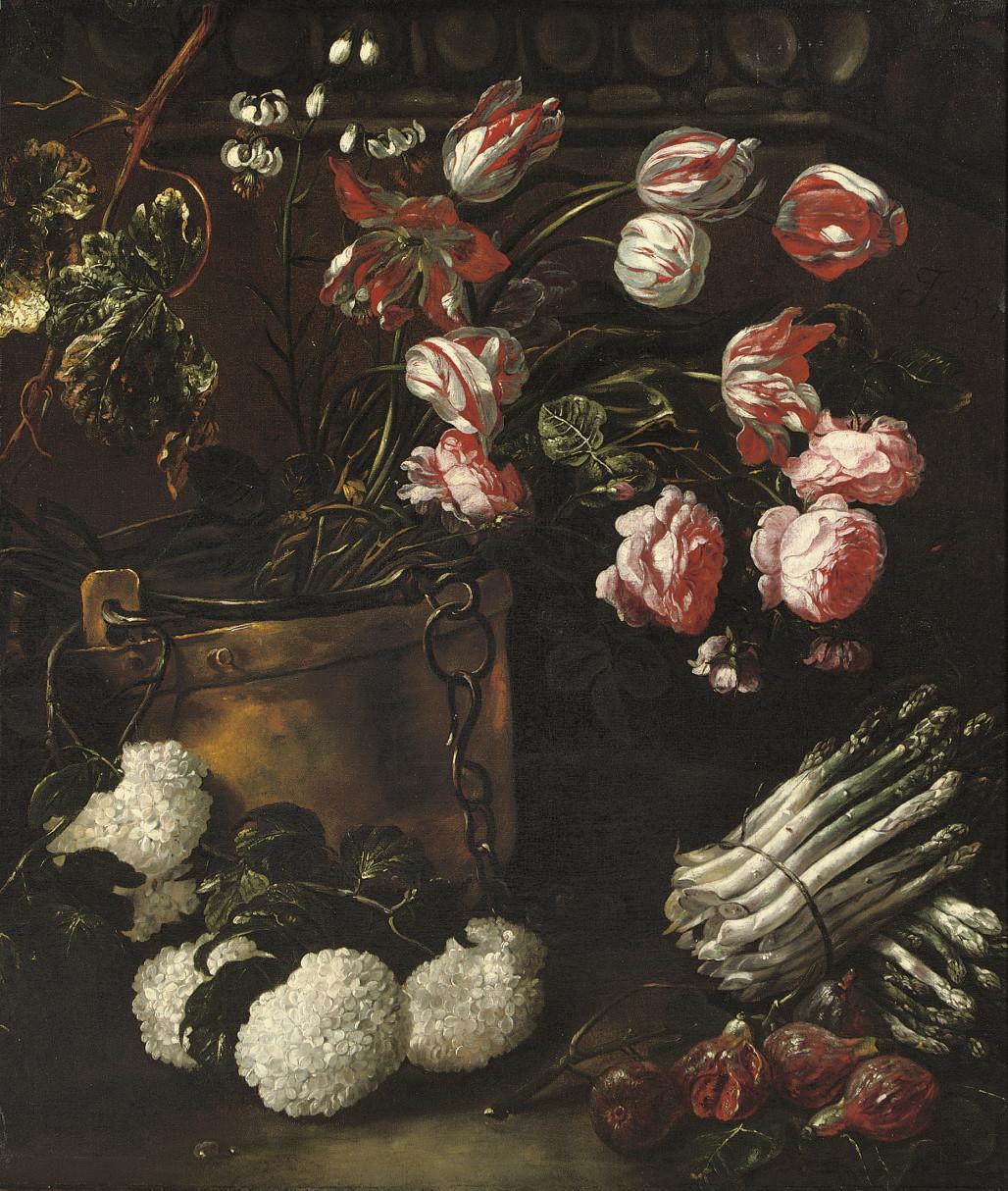 Jan Fyt - Tulips, roses and other flowers in a copper bucket with asparagus and figs