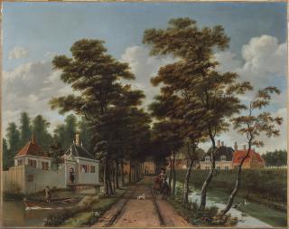 Jan Gabrielsz. Sonje - An avenue between two canals outside a village, with a horseman and a dog, a youth in a skiff and a man by the gatehouse nearby