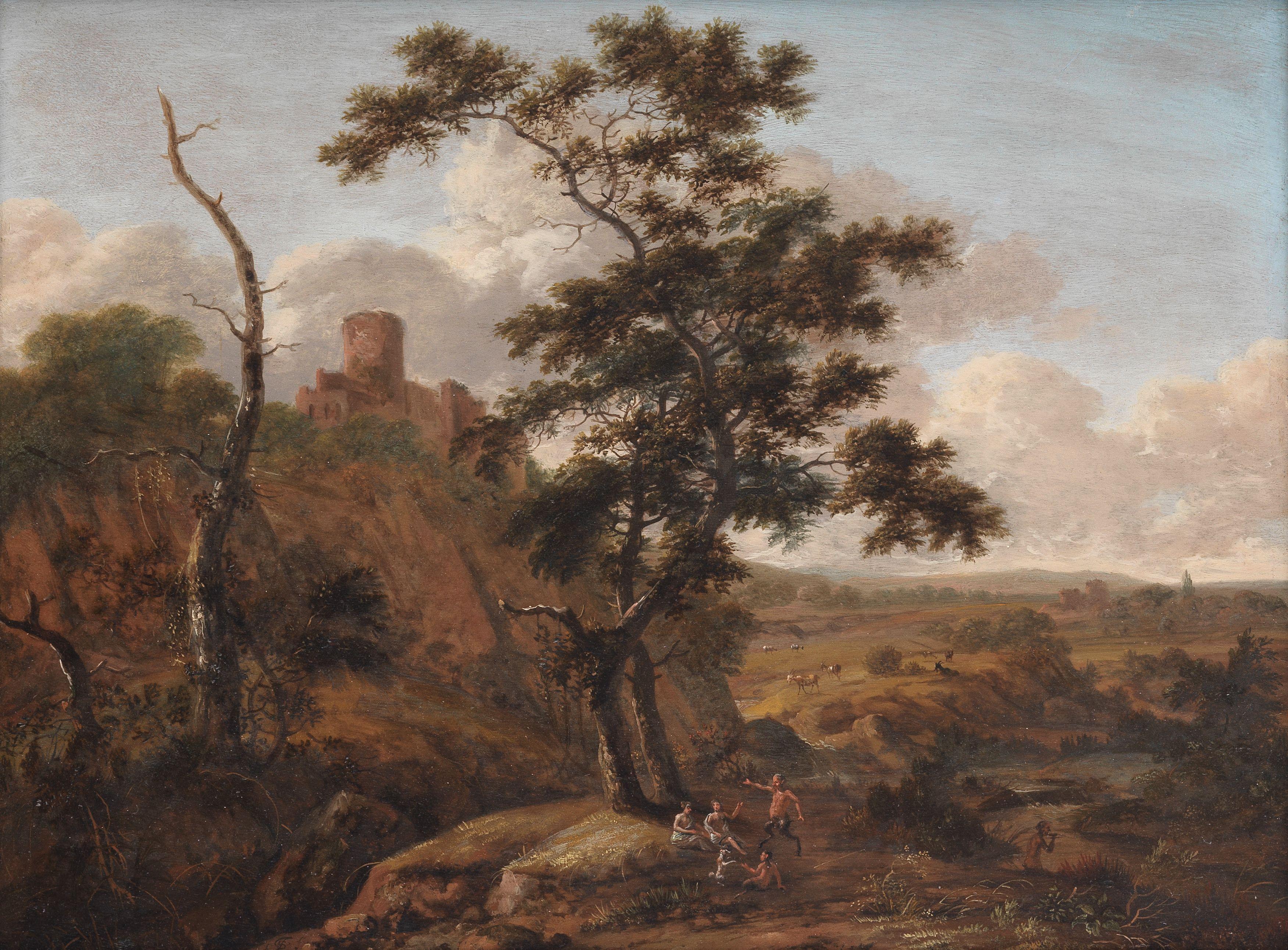 Jan Gabrielsz. Sonje - An Extensive Landscape With Figures And A Satyr Before A Tree
