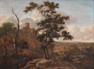 Jan Gabrielsz. Sonje - An Extensive Landscape With Figures And A Satyr Before A Tree