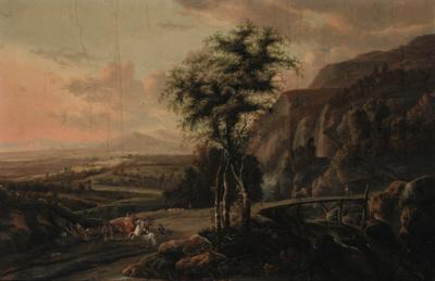 Jan Gabrielsz. Sonje - An extensive mountain landscape, with a hawking party on a road by a bridge