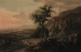 Jan Gabrielsz. Sonje - An extensive mountain landscape, with a hawking party on a road by a bridge