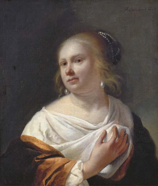 Jan Gerritsz van Bronckhorst - Portrait of A Young Lady, Bust-Length, In A White Gown And An Ochre Wrap, With Pearl Earrings And Pearls In Her Hair