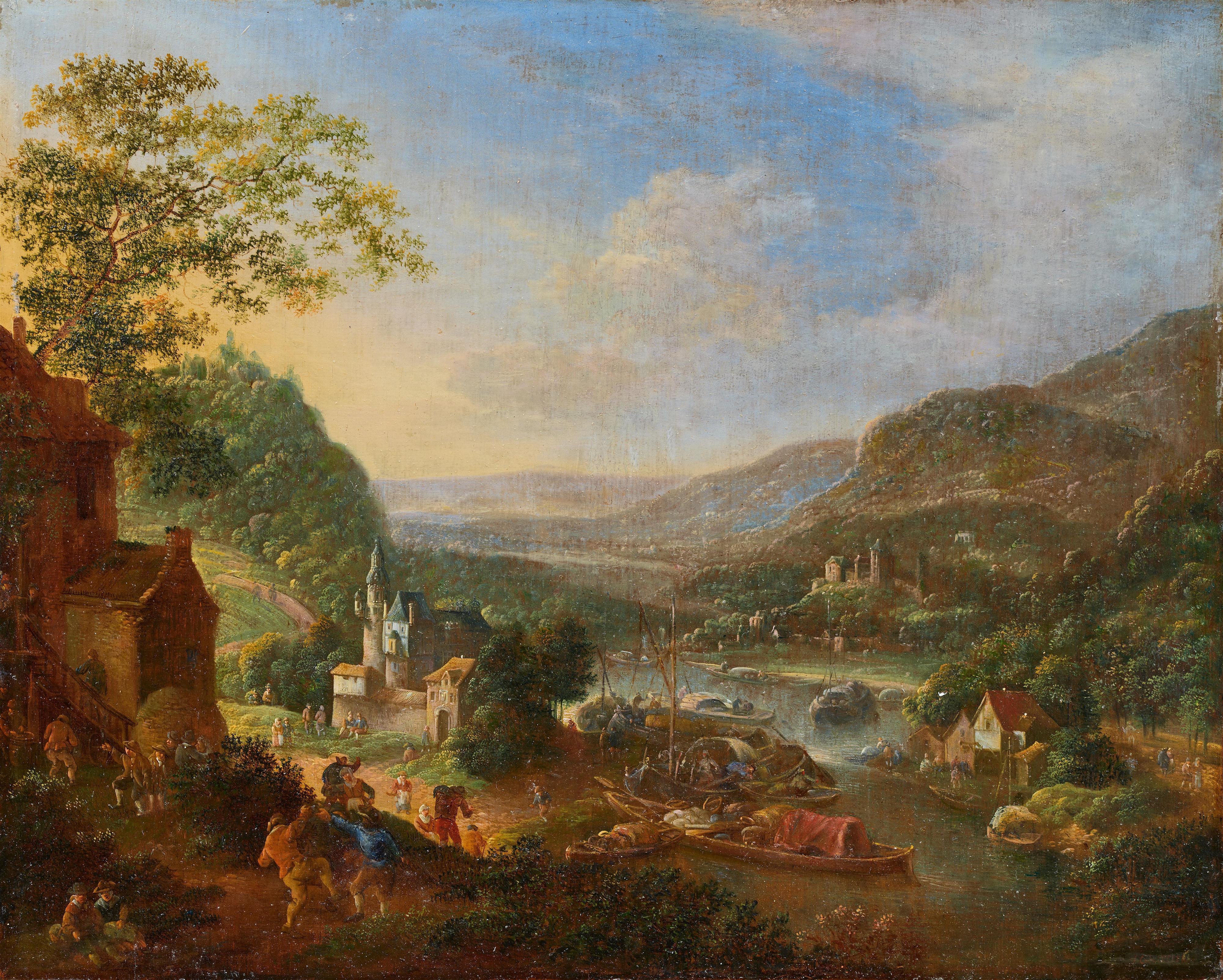 Jan Griffier d. Ä. - Idealisierte Ansicht des Rheintals mit tanzenden Landleuten