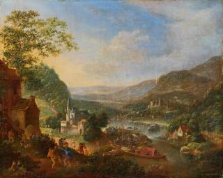 Jan Griffier d. Ä. - Idealisierte Ansicht des Rheintals mit tanzenden Landleuten