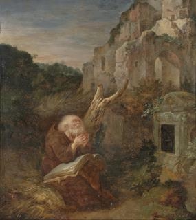 Jan Griffier I - A Hermit Praying Before A Tomb, A Landscape With Ruins Beyond