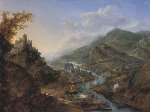 Jan Griffier I - A Rhenish Landscape With Travellers And Figures On Moored Boats Near A Castle On A Hill, A Town Beyond