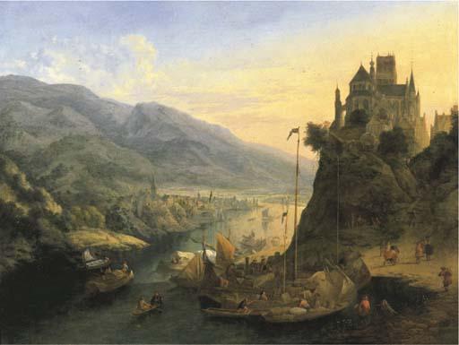 Jan Griffier I - A Rhenish river landscape with a city below and a monastery on a hill