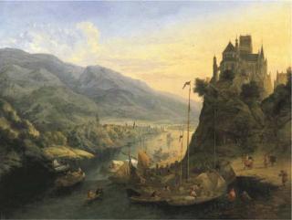 Jan Griffier I - A Rhenish river landscape with a city below and a monastery on a hill