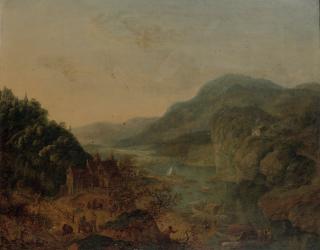 Jan Griffier I - An extensive mountainous river landscape with activities near the water, a castle on a mountain beyond