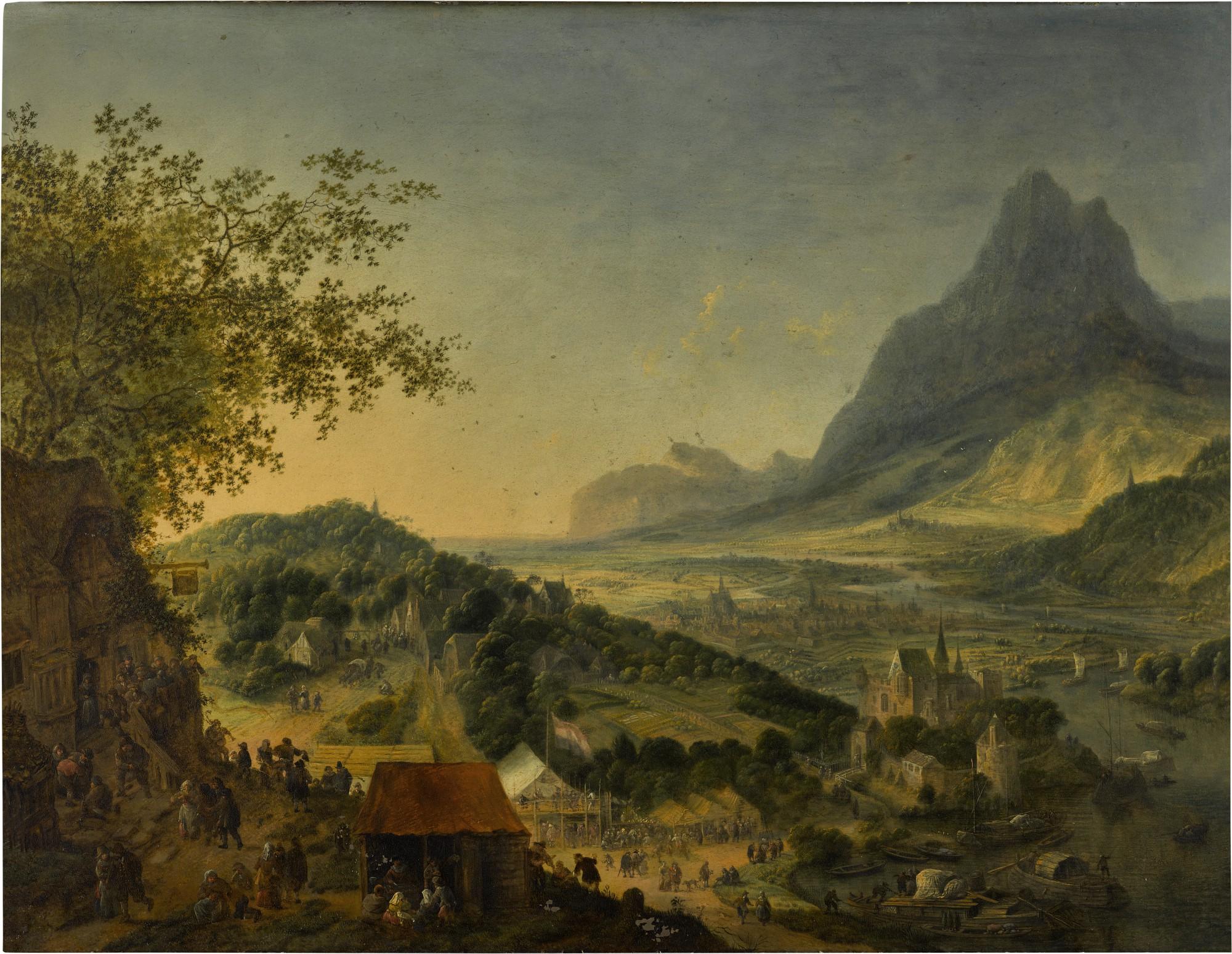 Jan Griffier the Elder - A mountainous river landscape with an inn on the outskirts of a town in the foreground