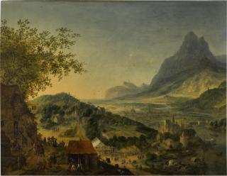 Jan Griffier the Elder - A mountainous river landscape with an inn on the outskirts of a town in the foreground