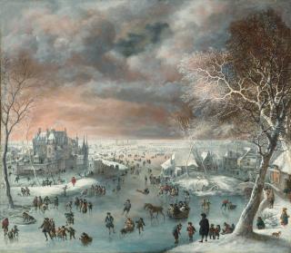 Jan Griffier the Elder - A winter landscape with figures ice skating, a village and castle beyond