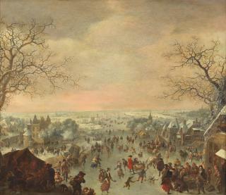 Jan Griffier - A winter landscape with figures skating, merry making and others by a tavern