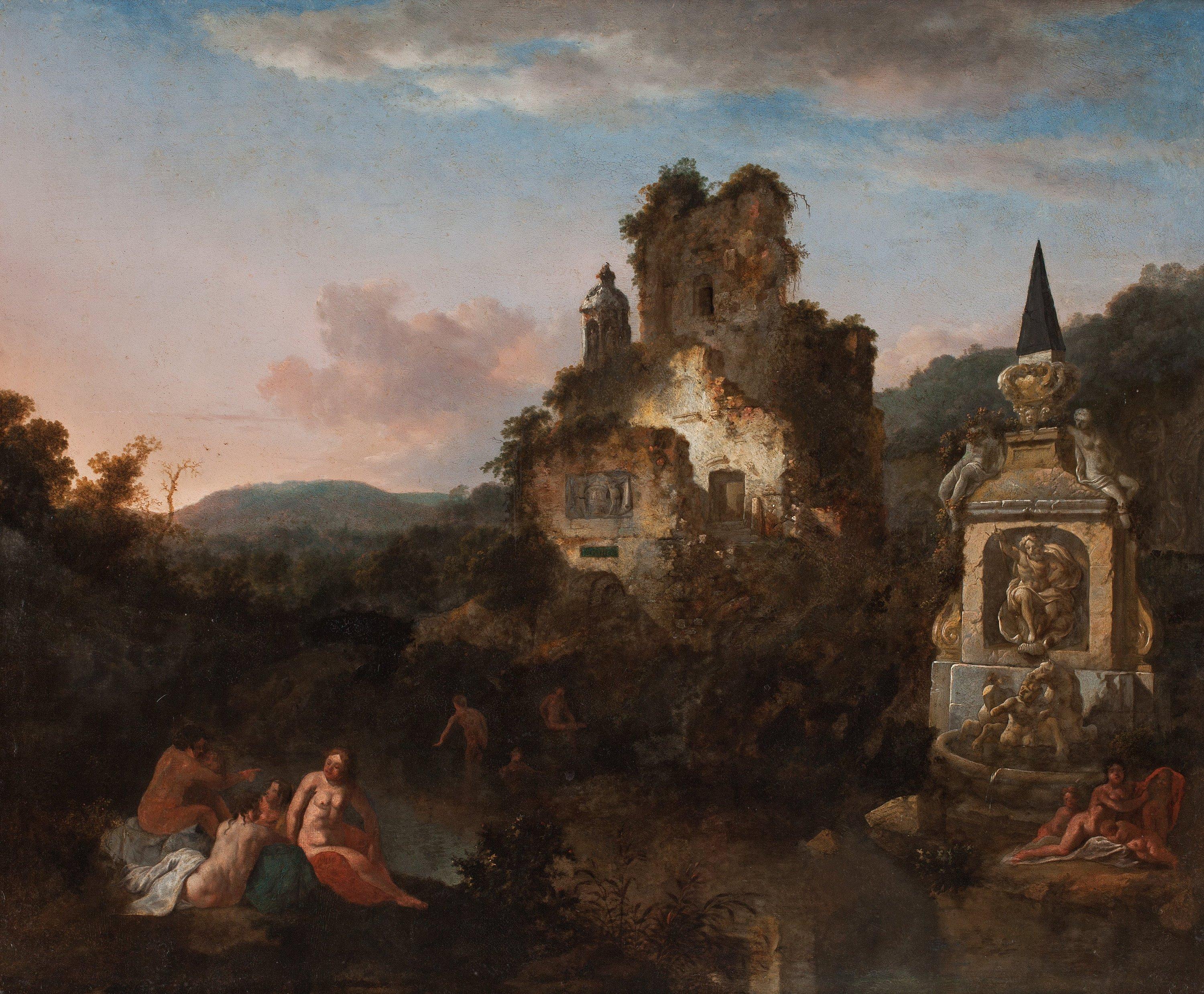 Jan Griffier - Landscape with ruins and figures