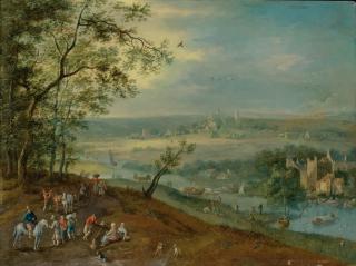 Jan Griffier - Rivière Serpentant Dans Une Plaine, Paysans Revenant Du Marché Au Premier Plan