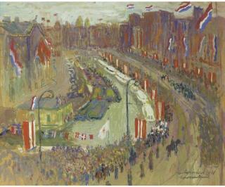 Jan Groenestein - Inhuldiging van Juliana tot Koninging der Nederlanden: Gouden Koets over het Rokin