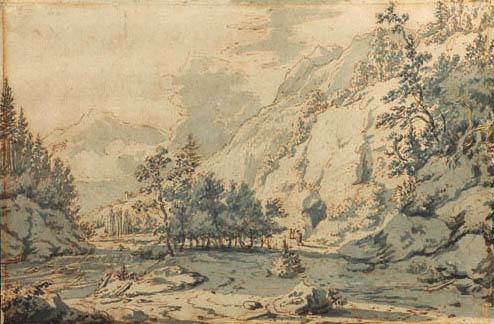 Jan Hackaert - A mountainous wooded river landscape with travellers on a road