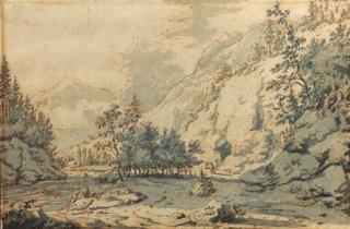 Jan Hackaert - A mountainous wooded river landscape with travellers on a road