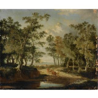 Jan Hackaert - A Wooded Landscape With A Shepherd And His Herd On A Path, Near A Puddle