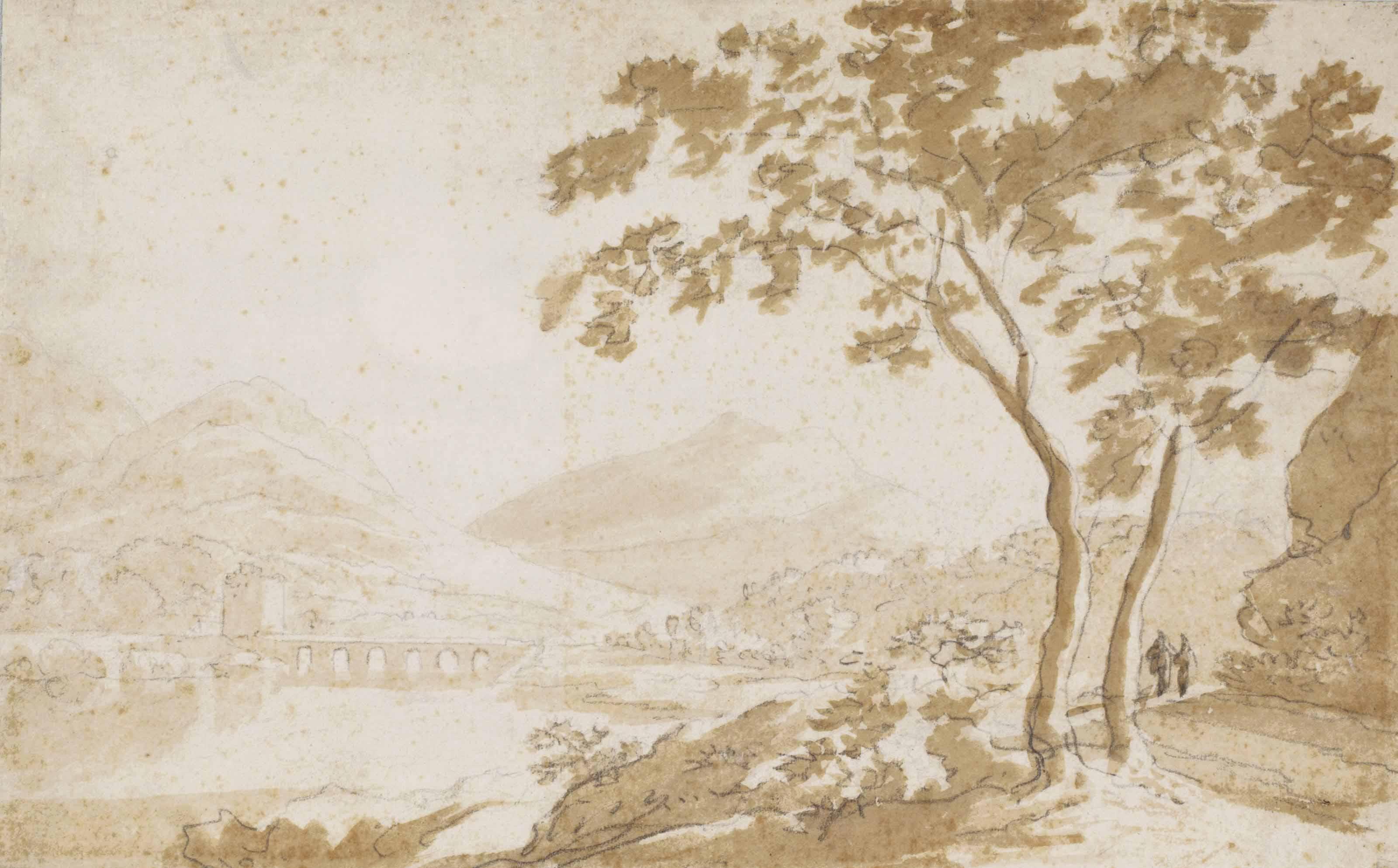 Jan Hackaert - An Italianate River Landscape With A Bridge