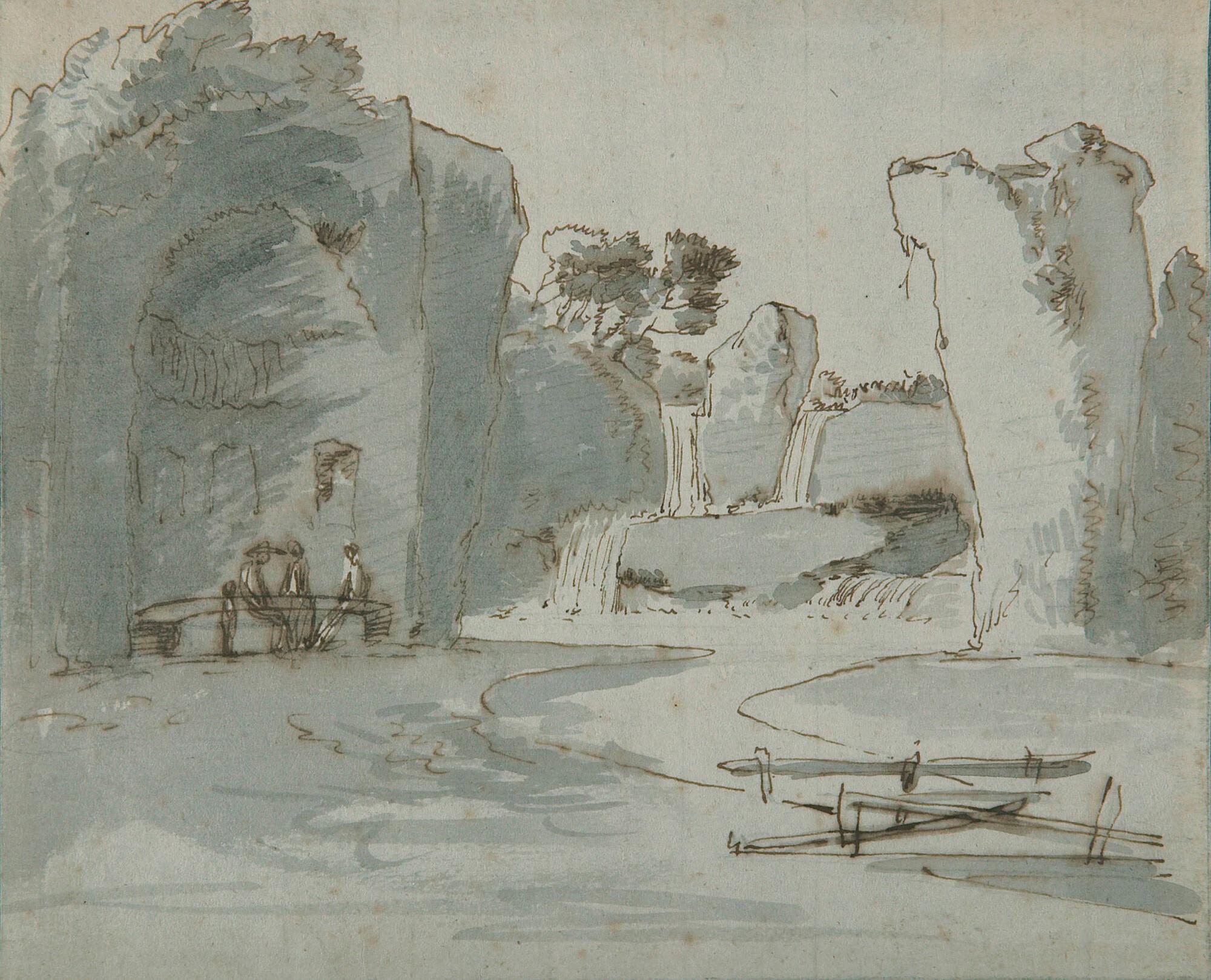 Jan Hackaert - Landschaft mit Wasserfall, einer antiken Ruine und Rastenden.