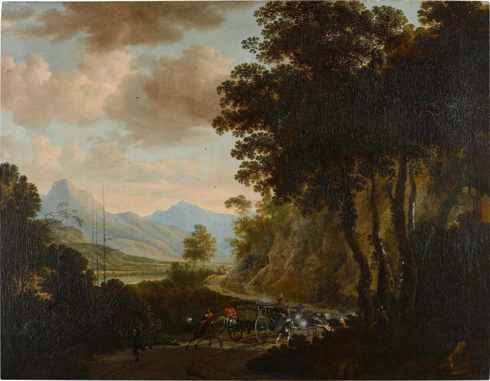 Jan Hackaert - Wooded Landscape With Bandits Attacking A Coach