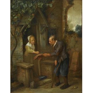 Jan Havicksz. Steen - A Young Girl Handing A Coin To An Old Crippled Beggar In Front Of A House