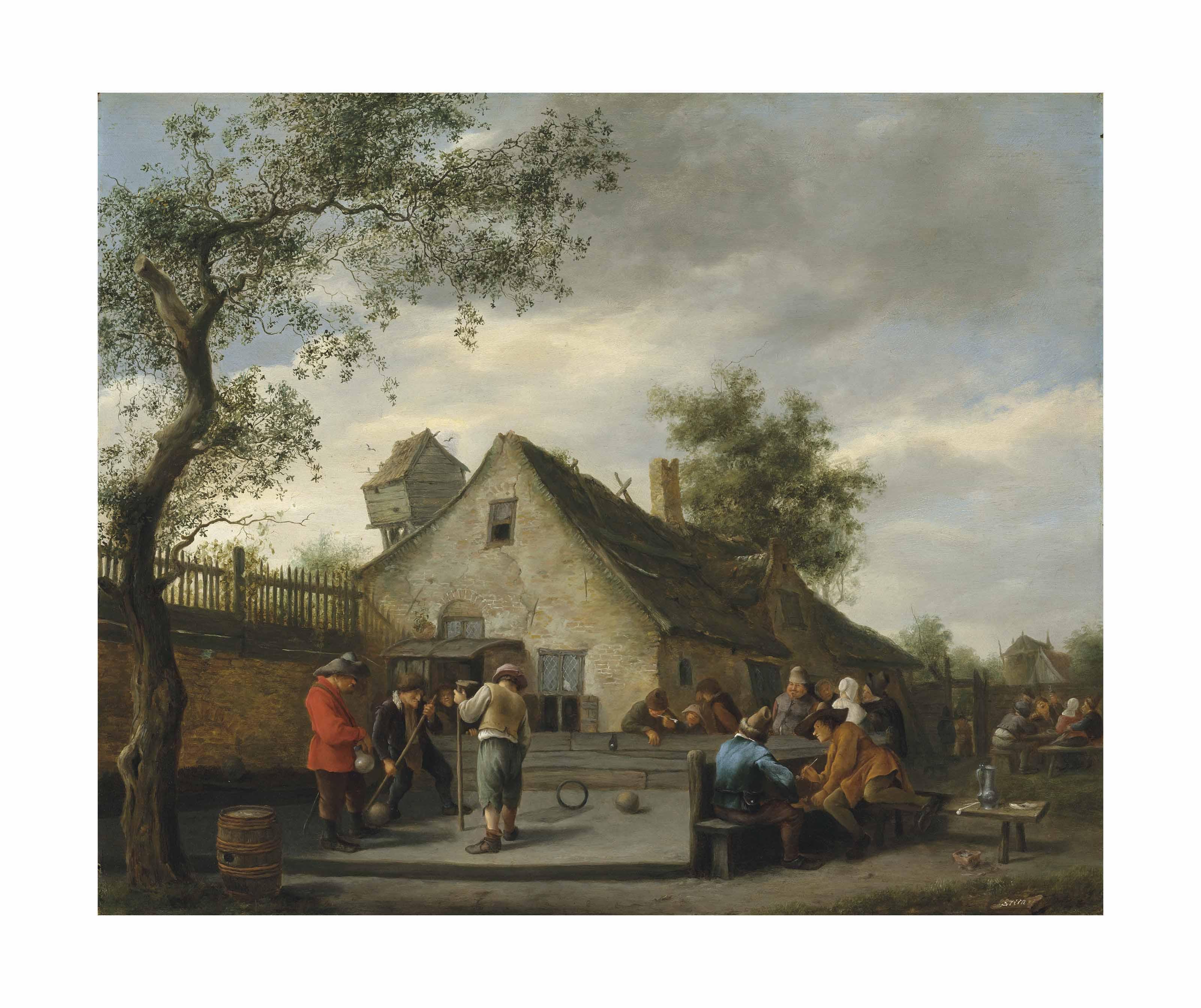 Jan Havicksz. Steen - Boors playing a game of beugelen before a country inn, onlookers smoking beyond