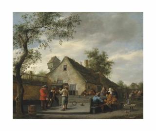 Jan Havicksz. Steen - Boors playing a game of beugelen before a country inn, onlookers smoking beyond