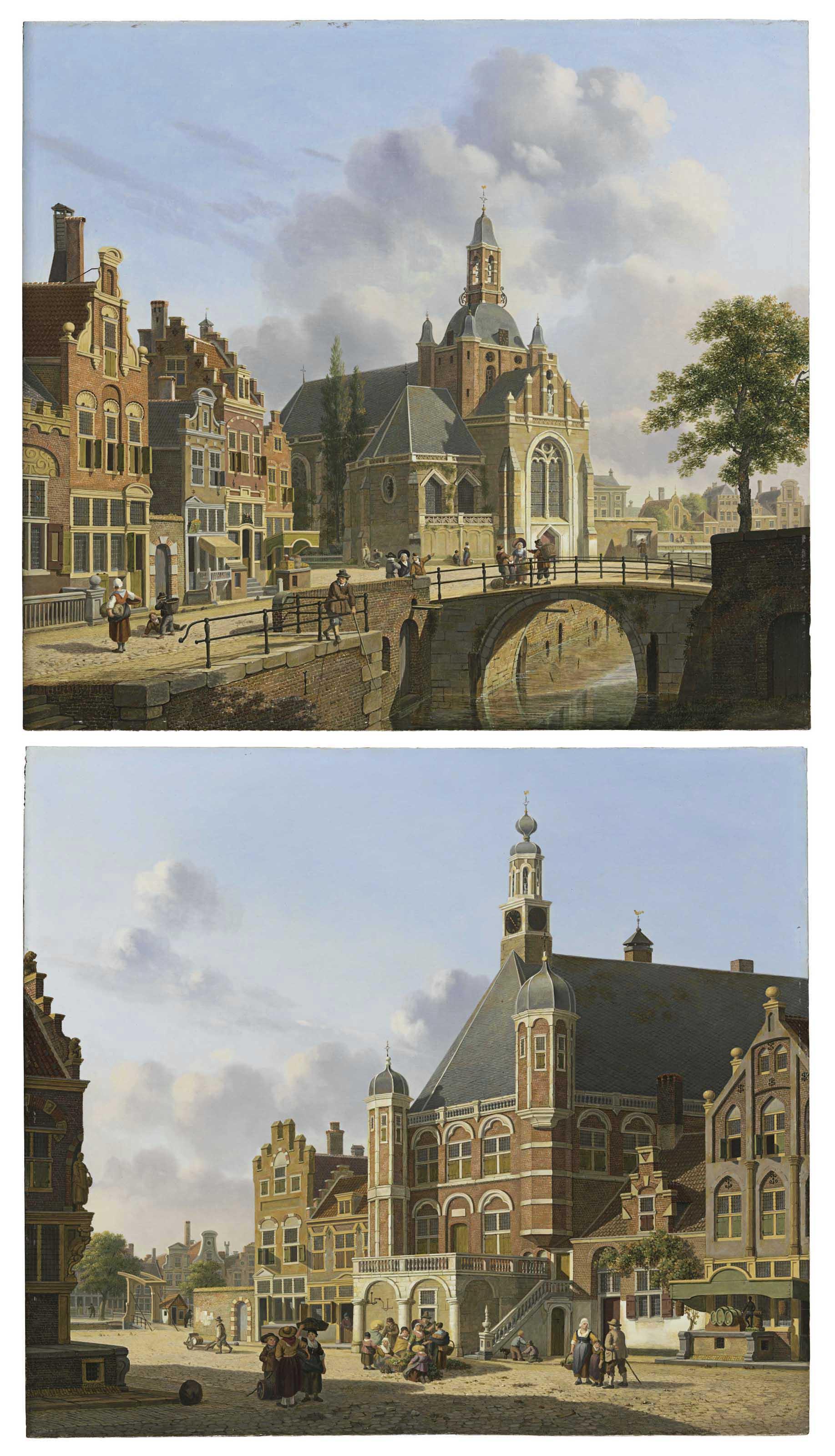 Jan Hendrick Verheyen - A Church Along A Canal, Holland; And A Busy Town Square, Holland