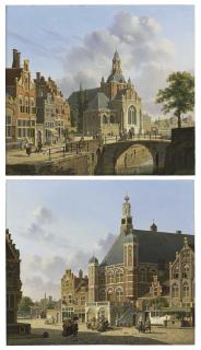 Jan Hendrick Verheyen - A Church Along A Canal, Holland; And A Busy Town Square, Holland