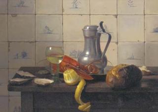 Jan Hendrik Eversen - A lobster, a partly peeled lemon, a pewter jug on a pewter plate, oysters, a loaf of bread and a roemer on a wooden table