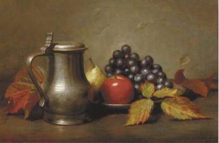 Jan Hendrik Eversen - A still life with a pewter jug and fruits on a pewter plate
