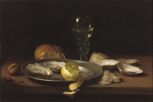Jan Hendrik Eversen - A still life with a roemer, oysters and a lemon on a pewter plate