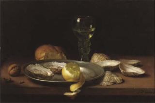 Jan Hendrik Eversen - A still life with a roemer, oysters and a lemon on a pewter plate