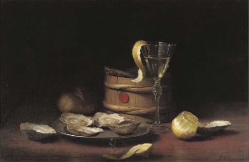 Jan Hendrik Eversen - A still life with oysters on a pewter plate, a lemon and a glass