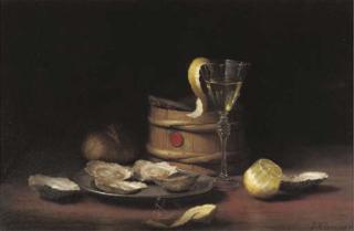 Jan Hendrik Eversen - A still life with oysters on a pewter plate, a lemon and a glass