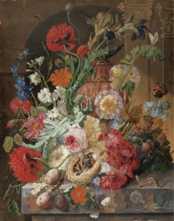 Jan Hendrik Fredriks - Irises, peonies, roses, and other flowers surrounding a terracotta urn, with a birds\' nest, grapes, and plums