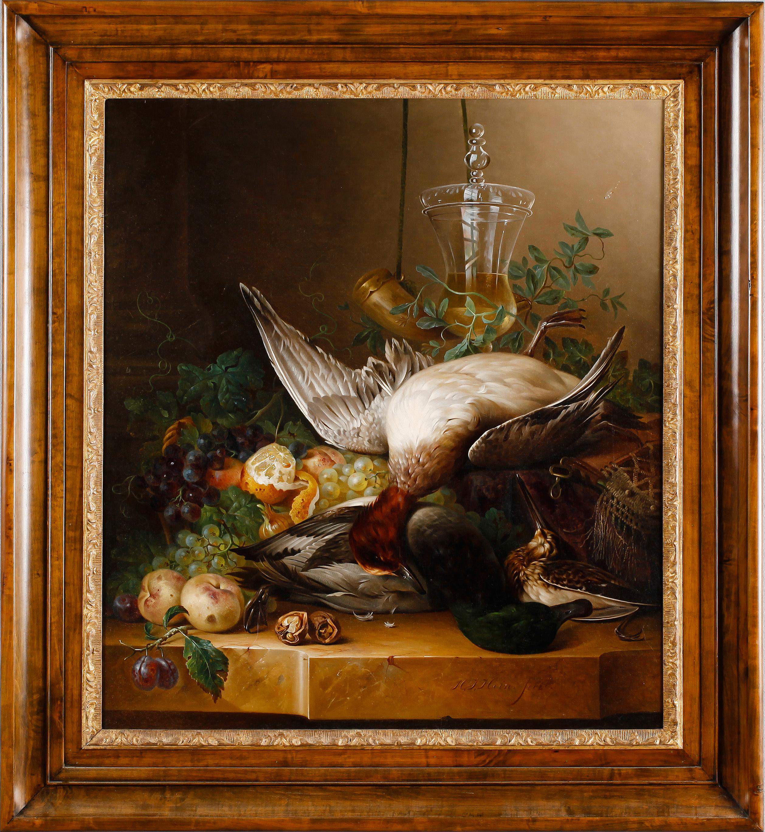 Jan Hendrik Hein - Still life with ducks, fruits and a glass trophy